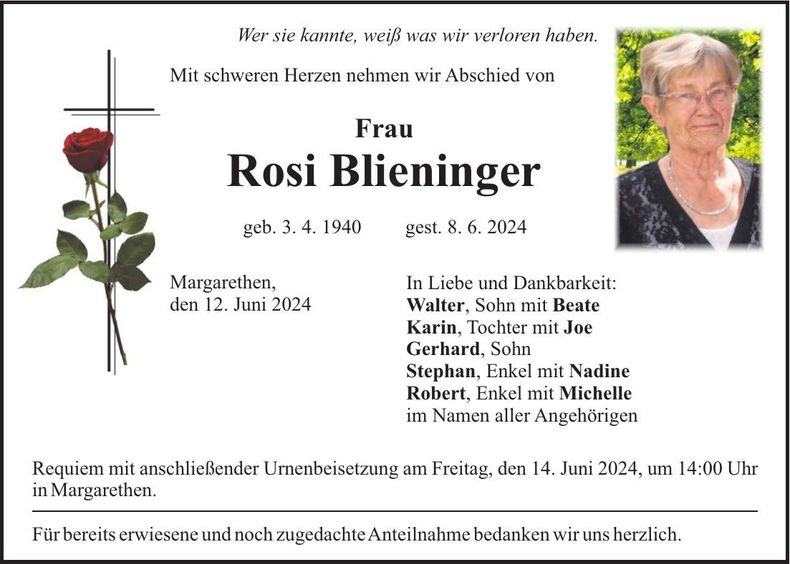 Traueranzeige Rosi Blieninger