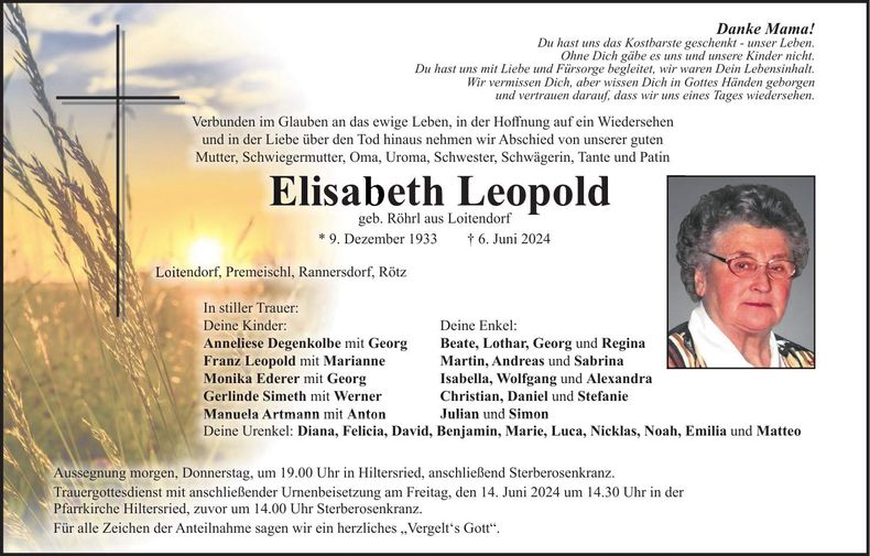 Traueranzeige Elisabeth Leopold