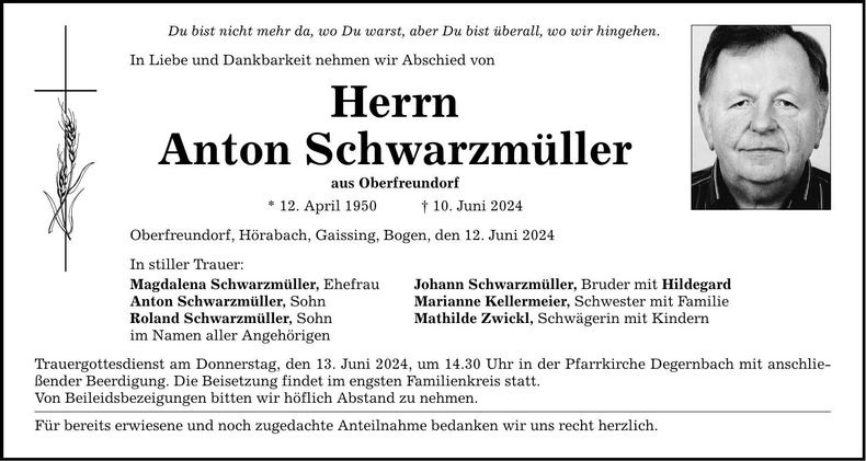 Traueranzeige Anton Schwarzmüller