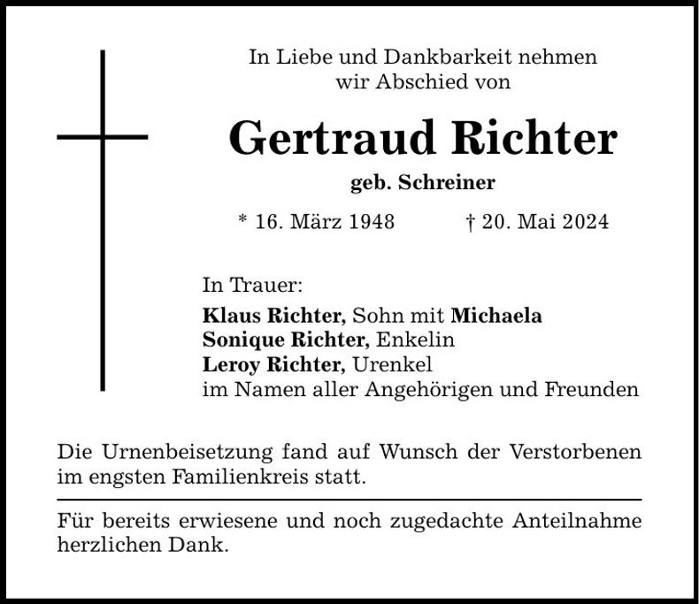 Traueranzeige Gertraud Richter