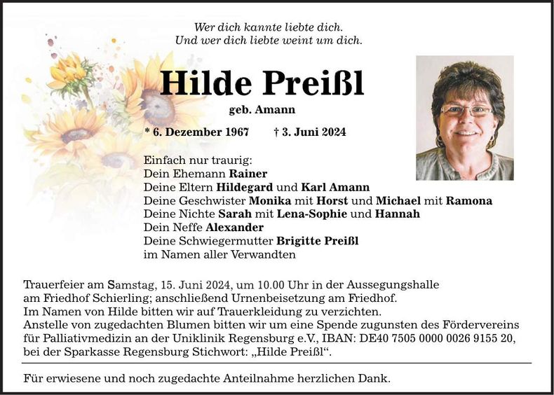 Traueranzeige Hilde Preißl
