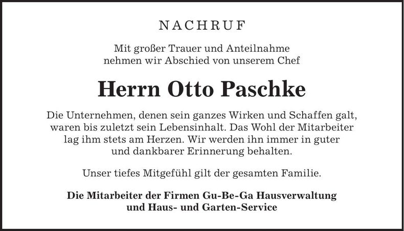 Traueranzeige Otto Paschke