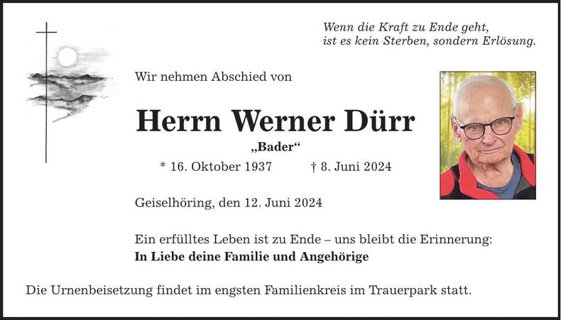 Traueranzeige Werner Dürr