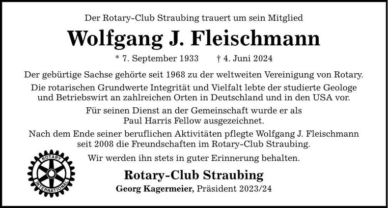 Traueranzeige Wolfgang J. Fleischmann
