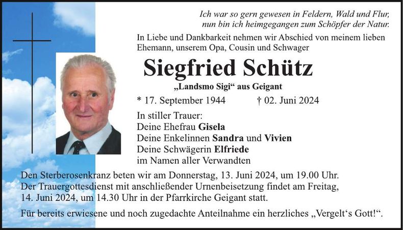 Traueranzeige Siegfried Schütz