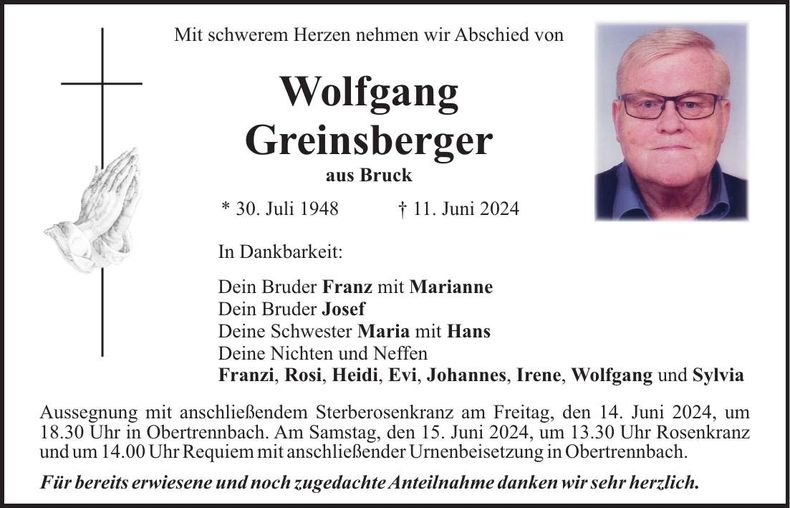 Traueranzeige Wolfgang Greinsberger