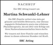 Traueranzeige Martina Schwankl-Lehner