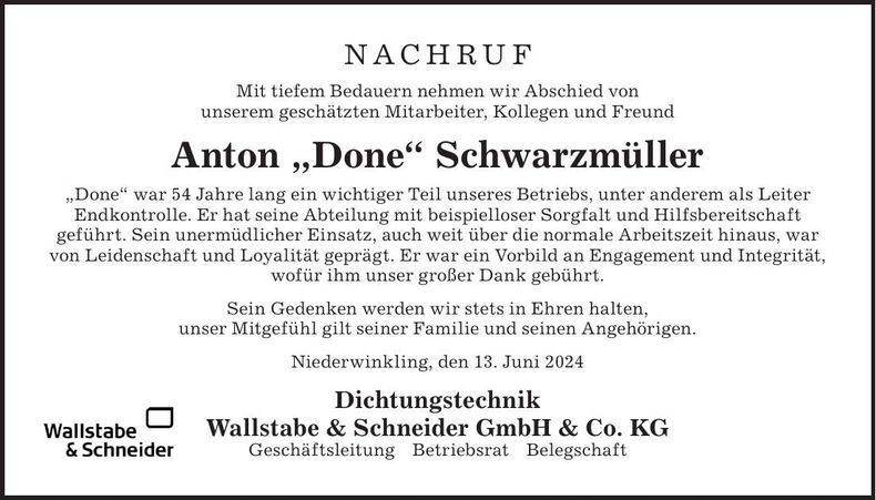 Traueranzeige Anton Schwarzmüller