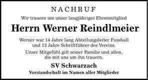 Traueranzeige Werner Reindlmeier