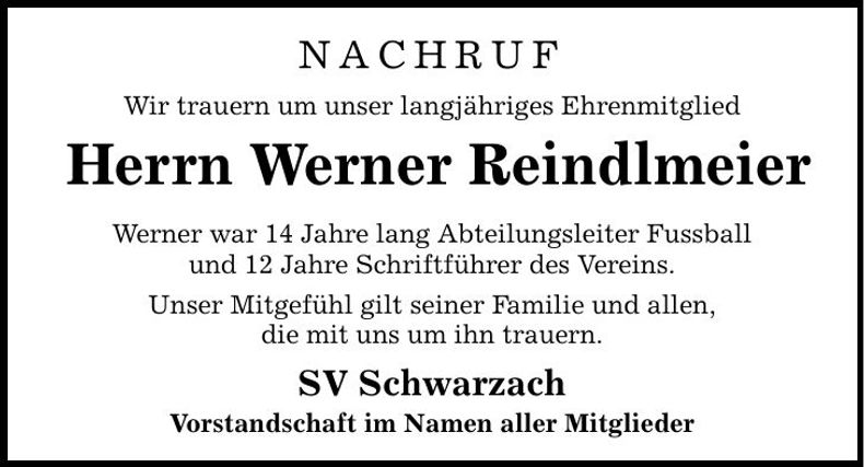 Traueranzeige Werner Reindlmeier