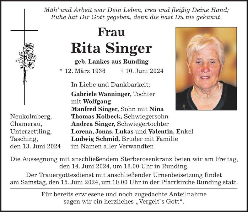 Traueranzeige Rita Singer