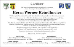 Traueranzeige Werner Reindlmeier