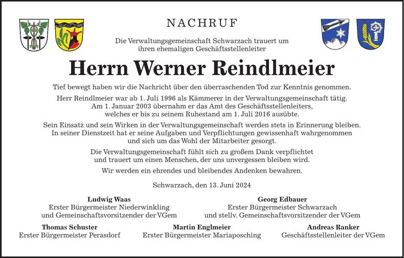 Traueranzeige Werner Reindlmeier