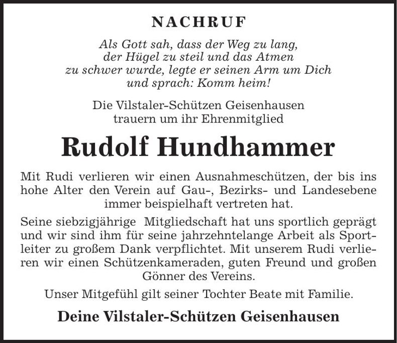 Traueranzeige Rudolf Hundhammer