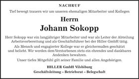 Traueranzeige Johann Sokopp