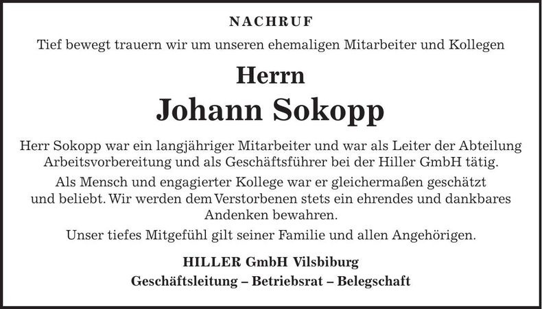 Traueranzeige Johann Sokopp