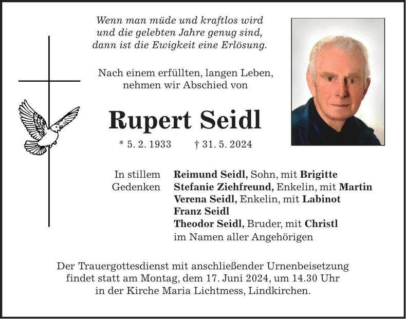 Traueranzeige Rupert Seidl