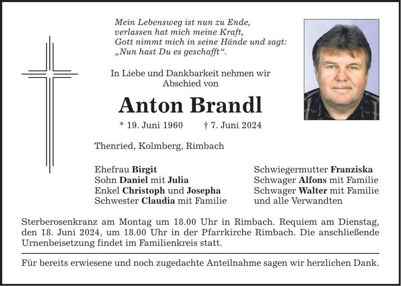 Traueranzeige Anton Brandl