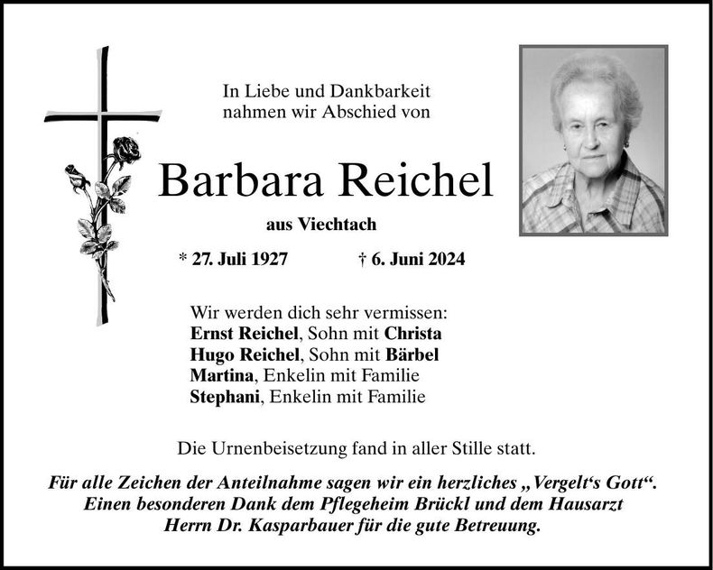 Traueranzeige Barbara Reichel