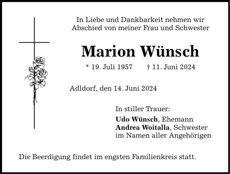 Traueranzeige Marion Wünsch