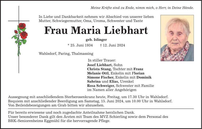 Traueranzeige Maria Liebhart