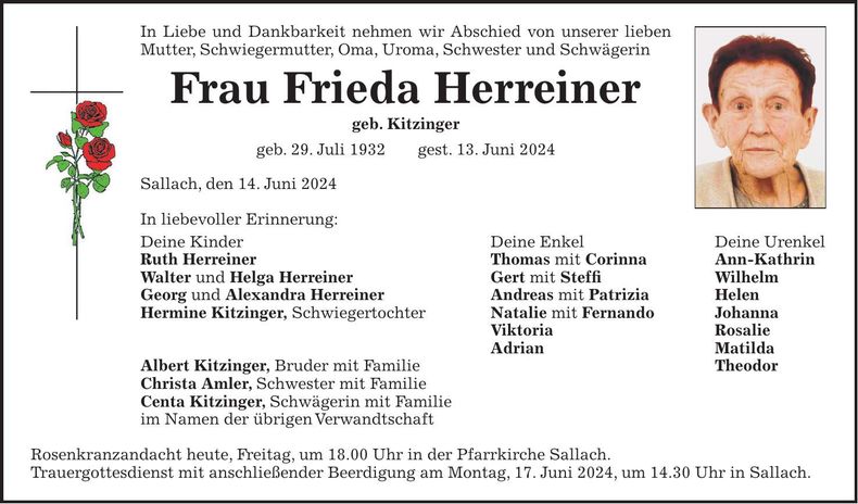 Traueranzeige Frieda Herreiner