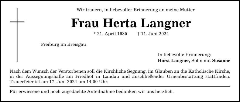 Traueranzeige Herta Langner