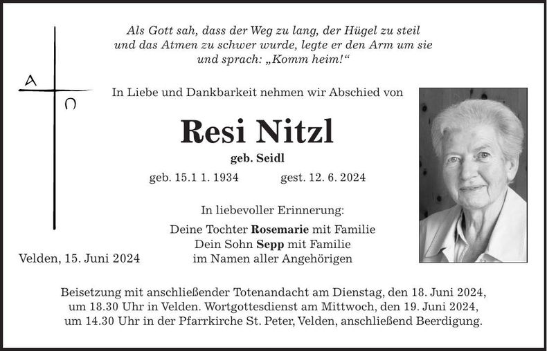 Traueranzeige Resi Nitzl