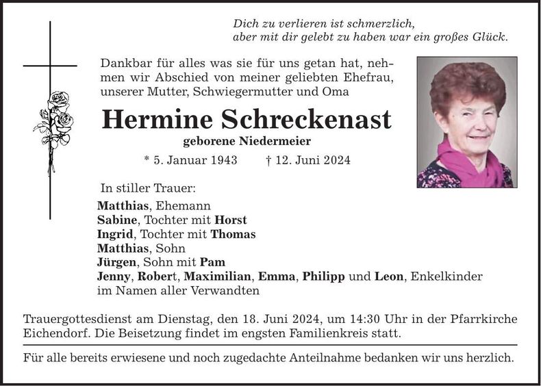 Traueranzeige Hermine Schreckenast