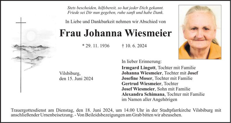 Traueranzeige Johanna Wiesmeier