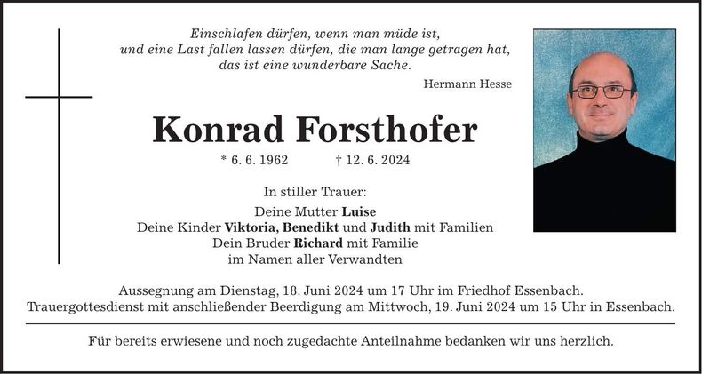Traueranzeige Konrad Forsthofer