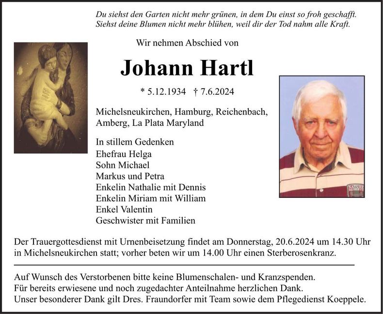 Traueranzeige Johann Hartl