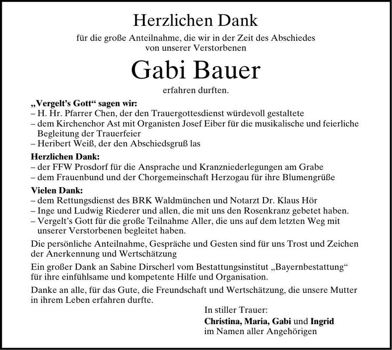 Traueranzeige Gabi Bauer