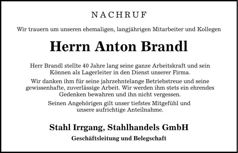 Traueranzeige Anton Brandl