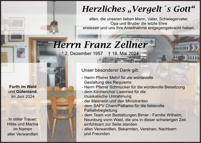 Traueranzeige Franz Zellner