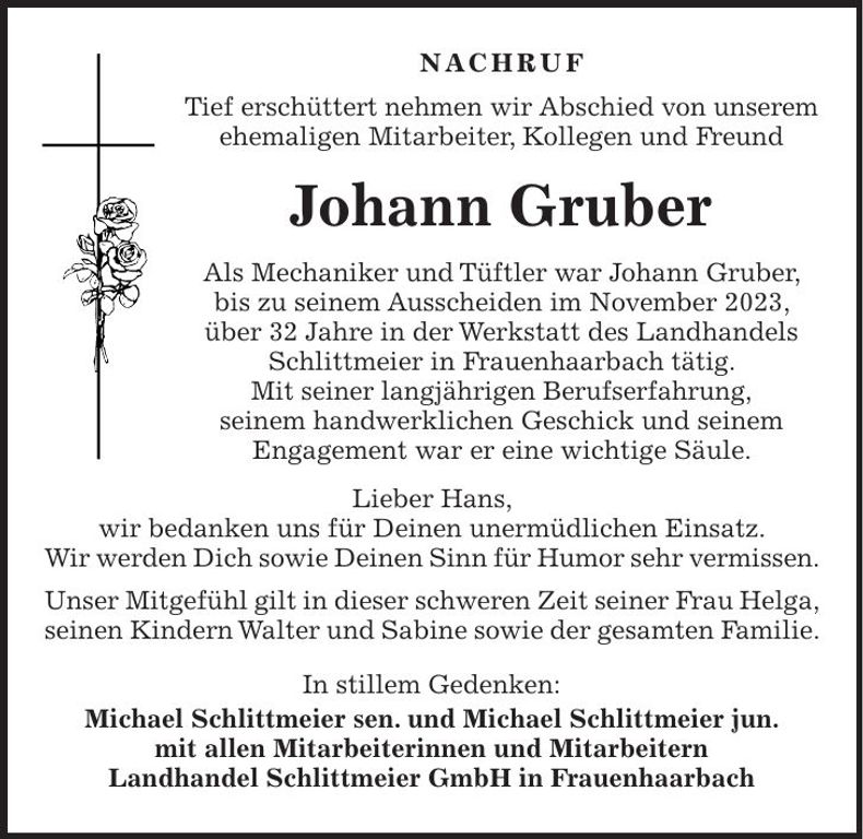 Traueranzeige Johann Gruber