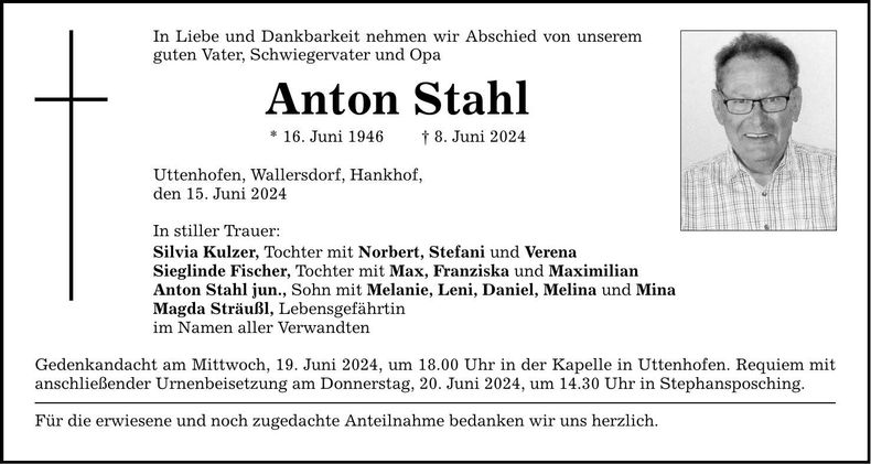 Traueranzeige Anton Stahl