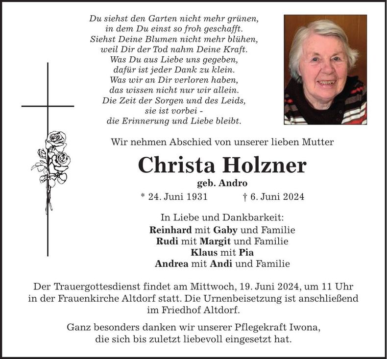 Traueranzeige Christa Holzner