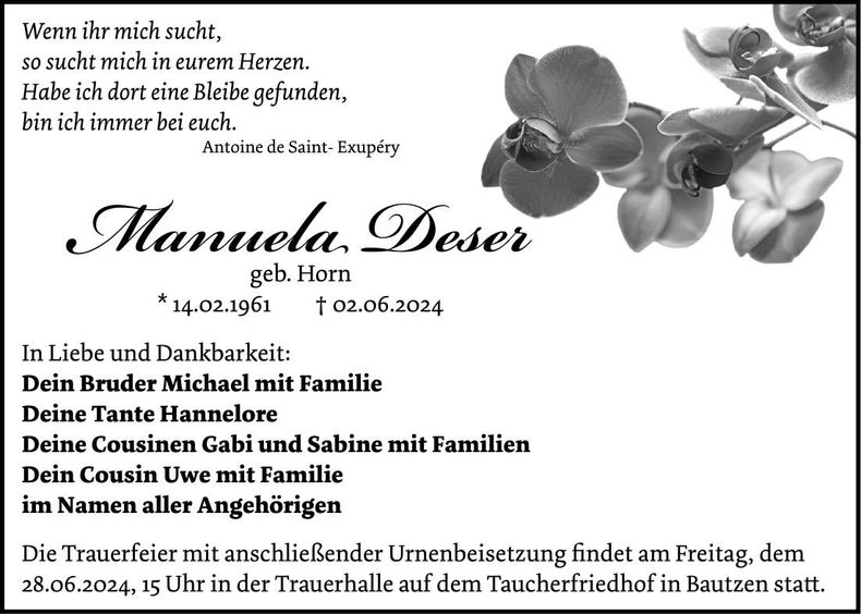 Traueranzeige Manuela Deser