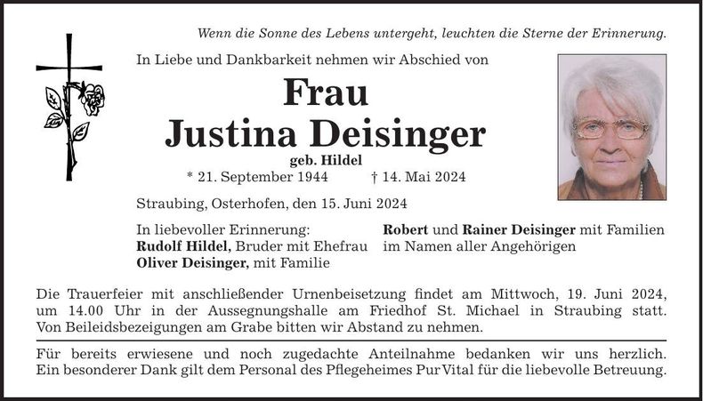 Traueranzeige Justina Deisinger