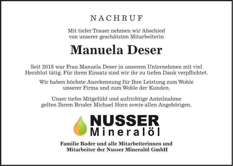 Traueranzeige Manuela Deser