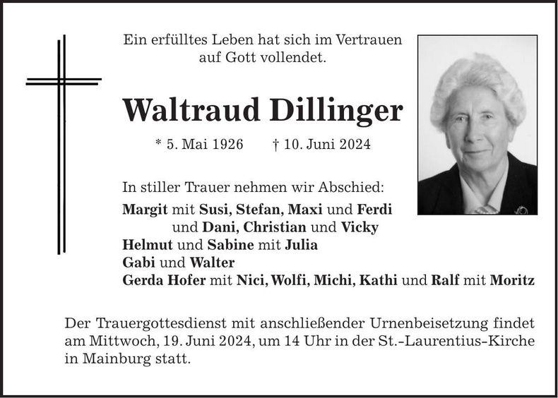 Traueranzeige Waltraud Dillinger