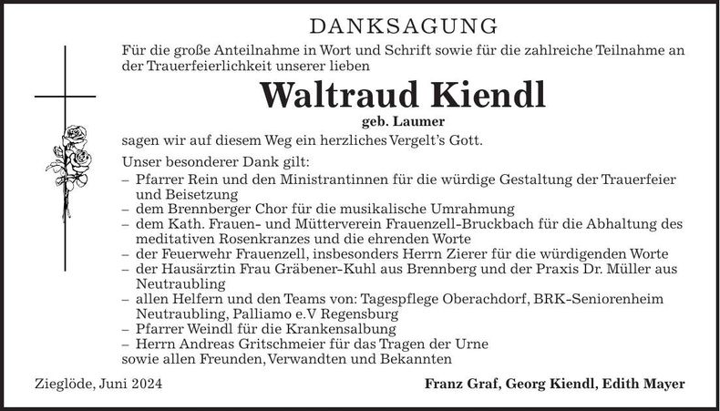 Traueranzeige Waltraud Kiendl