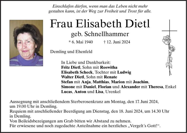 Traueranzeige Elisabeth Dietl