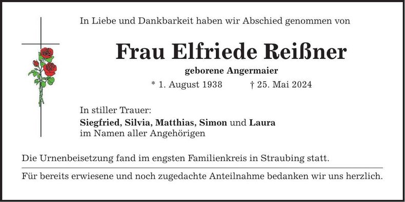 Traueranzeige Elfriede Reißner