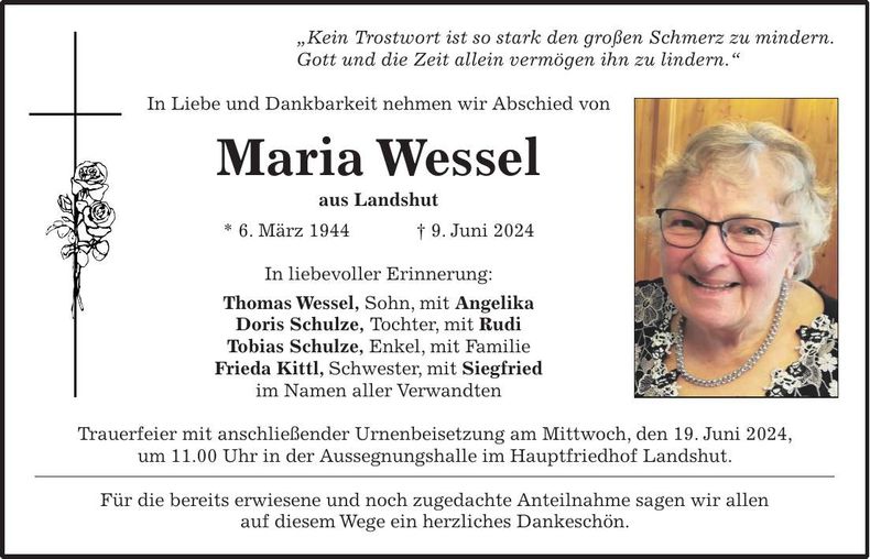 Traueranzeige Maria Wessel