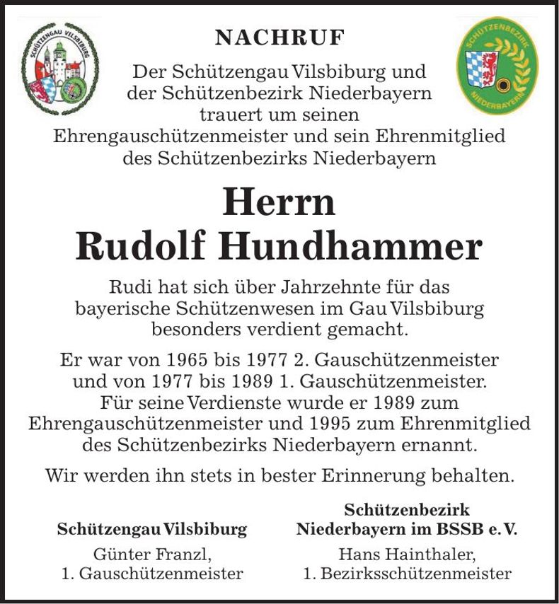 Traueranzeige Hundhammer Rudolf