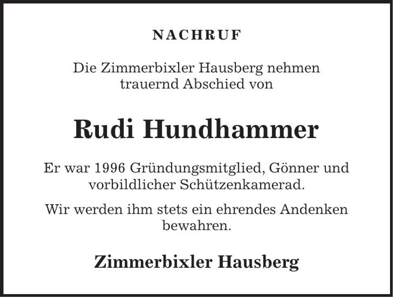 Traueranzeige Rudi Hundhammer