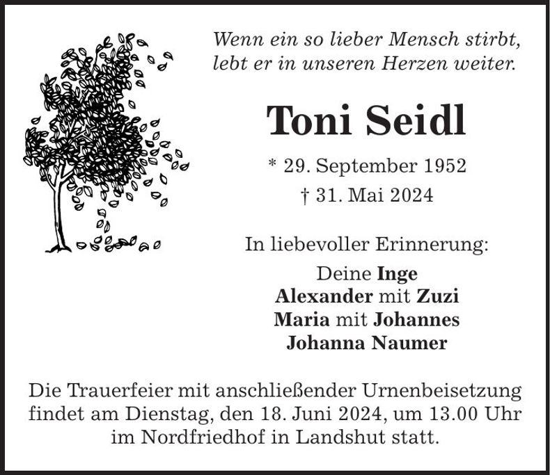 Traueranzeige Toni Seidl
