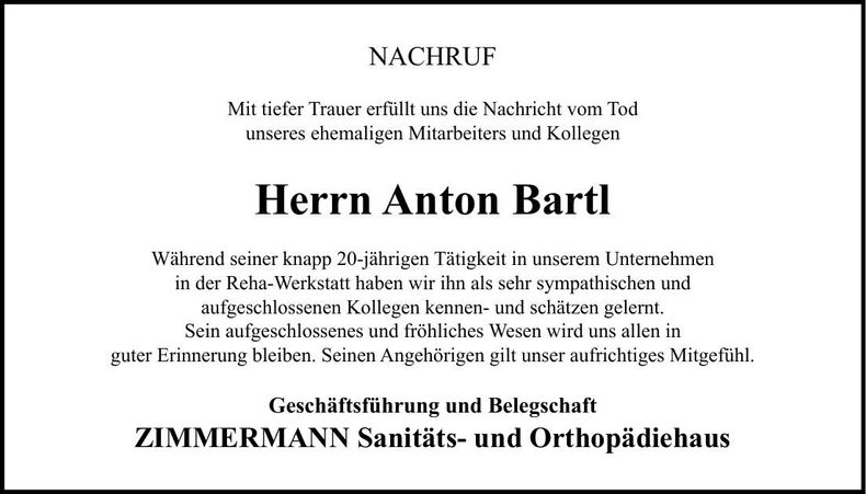 Traueranzeige Anton Bartl